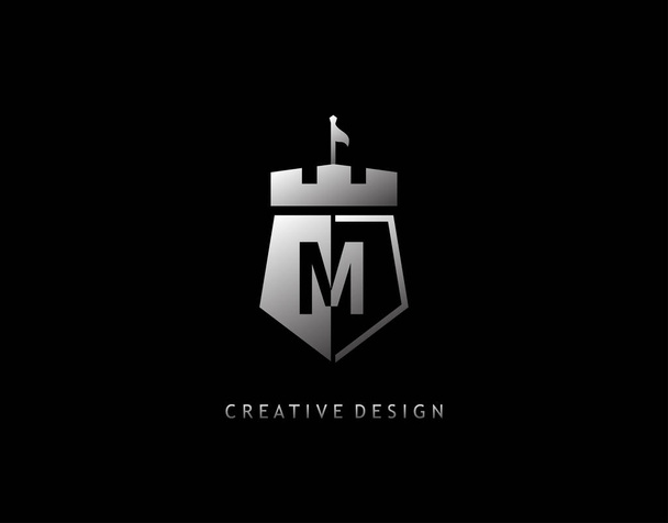 M Letter Silver Shield Icon. Negative Spave Eleganter Schild Form Königreich Logo Design. - Vektor, Bild