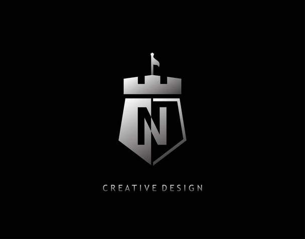 N Letter Silver Shield Icon. Negative Spave Eleganter Schild Form Königreich Logo Design. - Vektor, Bild