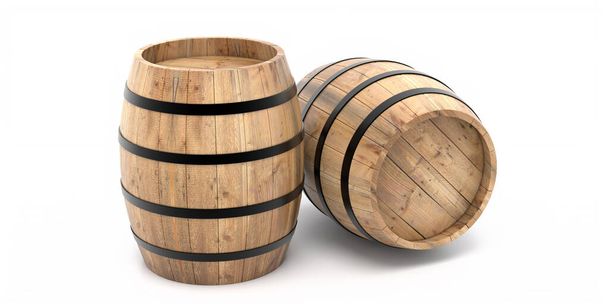 Whiskey, bourbon cellar concept. Old wooden wine alcohol barrels isolated on white background. 3d illustration - Photo, Image