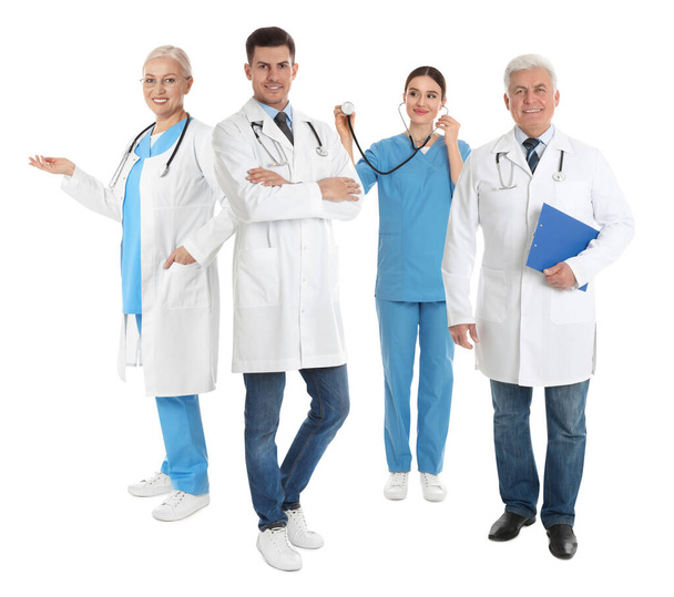 Collage with photos of doctors on white background - Foto, imagen