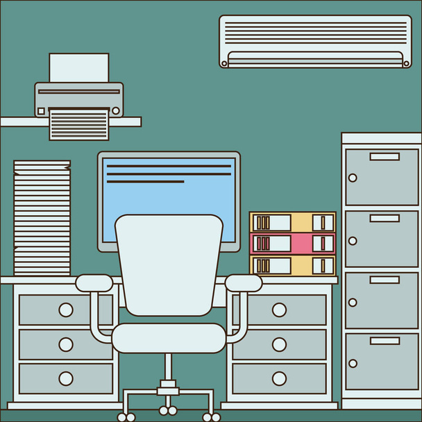 家具やコンピュータを備えたオフィスのインテリア - ベクター画像