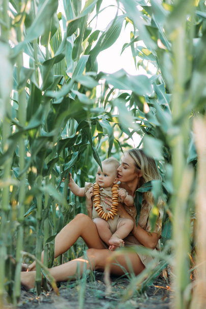 Happy young mother has fun and plays with her baby among cornfield. - Photo, Image