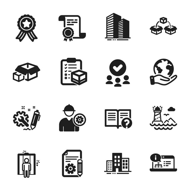 Set of Industrial icons, such as Engineer, Online documentation. Certificate, approved group, save planet. Buildings, Parcel checklist, Lighthouse. Packing boxes, Elevator, Engineering. Vector - Vecteur, image