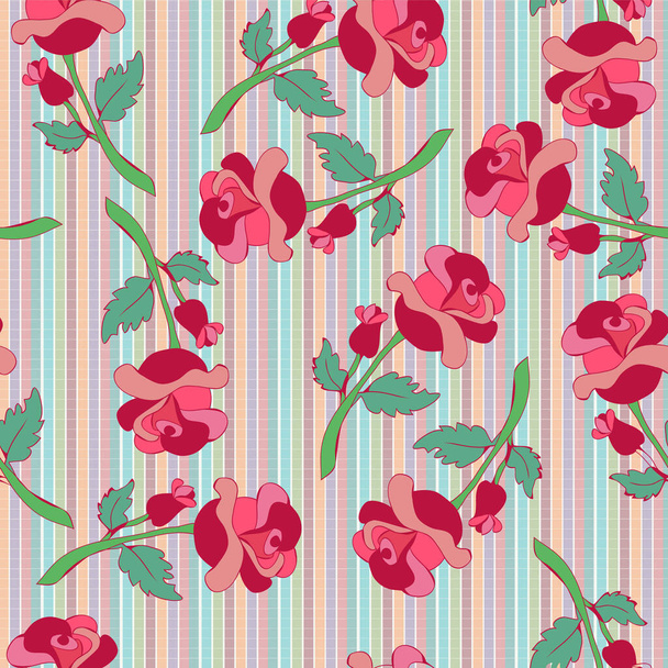 Hand drawn vintage pink roses seamless pattern on strip background. Vector pattern for wallpaper, fabric, digital paper, etc.  - Vector, afbeelding