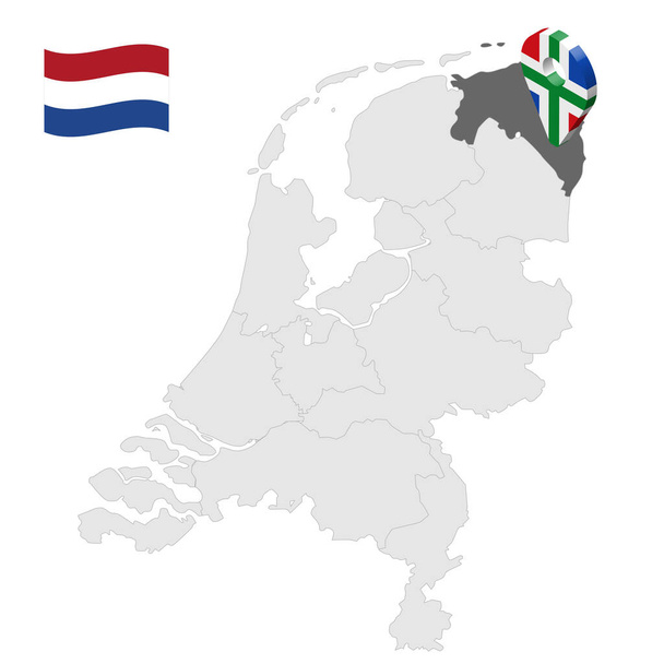 Местонахождение Гронингена на карте Нидерланды. Знак местоположения похож на флаг Мбаппе. Карта качества с провинциями Нидерландов для вашего дизайна. S10
. - Вектор,изображение