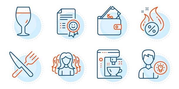 Coffee maker, Smile and Wallet signs. Hot loan, Person idea and Food line icons set. Women group, Beer glass symbols. Discount offer, Lamp energy. Business set. Outline icons set. Vector - ベクター画像