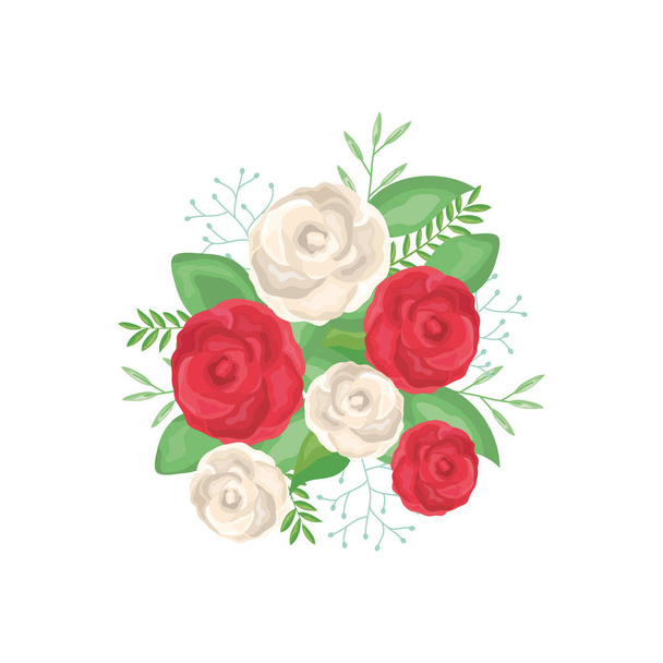 gyönyörű fehér és vörös rózsák dekoratív zöld levelekkel, részletes stílus - Vektor, kép