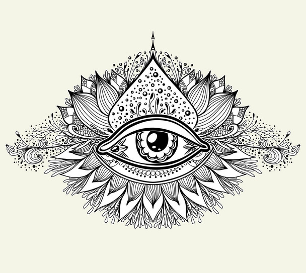 Abstraktní symbol All-seeing Eye v Boho Eastern Ethnic stylu černé na bílém pro tetování nebo dekoraci trička nebo pro omalovánky stránky knihy. Koncept magického okultismu Esoterický - Vektor, obrázek