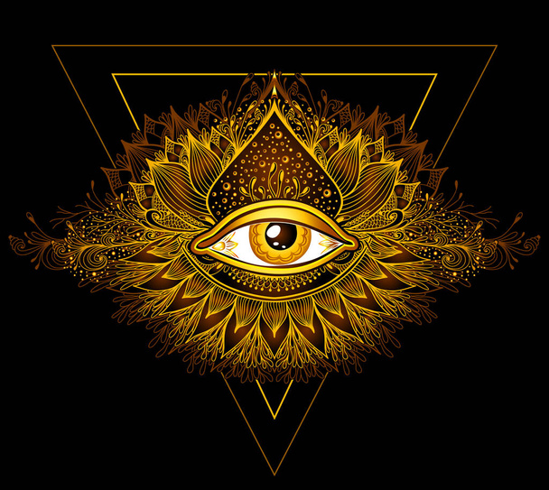 Абстрактный символ Всевидящего Глаза в восточном этническом стиле Бохо золото на черном для украшения футболки или компьютерной игры. Концепция магического оккультизма эзотерического - Вектор,изображение