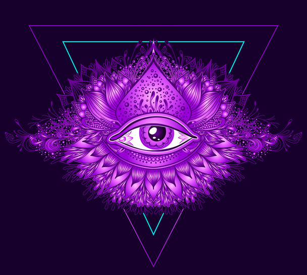 Αφηρημένο σύμβολο του All-seeing Eye στο Boho Ανατολική Ethnic στυλ λιλά ροζ σε μαύρο για διακόσμηση T-shirt ή για το παιχνίδι του υπολογιστή. Έννοια μαγεία αποκρυφισμός Εσωτερική - Διάνυσμα, εικόνα