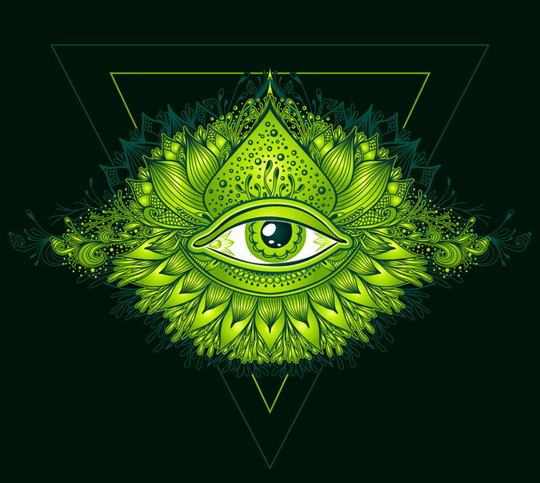Αφηρημένο σύμβολο του All-seeing Eye στο Boho Ανατολική Ethnic στυλ πράσινο σε μαύρο για διακόσμηση T-shirt ή για το παιχνίδι του υπολογιστή. Έννοια μαγεία αποκρυφισμός Εσωτερική - Διάνυσμα, εικόνα