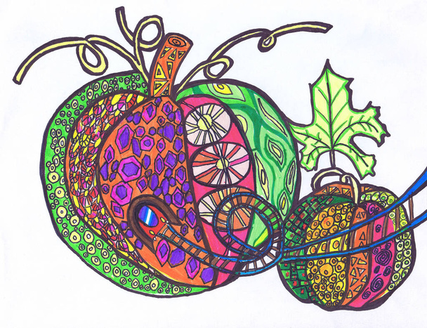 Two decorative pumpkins on a white background. Children's drawing - Φωτογραφία, εικόνα