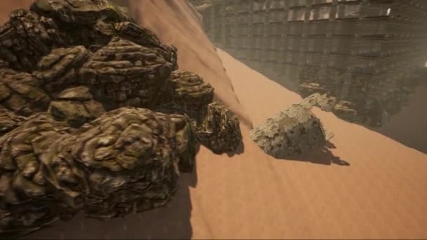 To jest 3D renderowana scena kinowa z koncepcją projektowania poziomu opartego na opuszczonych ruinach otoczona pustynią.. - Materiał filmowy, wideo
