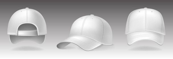 Baseball caps from different sides on white background. Sports headwear with mockup for design, realistic vector illustration collection - Vector, Image