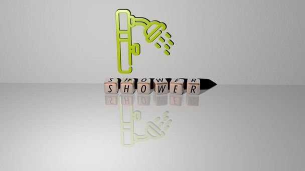 3D representation of SHOWER with icon on the wall and text arranged by metallic cubic letters on a mirror floor for concept meaning and slideshow presentation. illustration and baby - Photo, Image