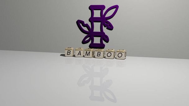Graficzny obraz 3D BAMBOO pionowo wraz z tekstem zbudowanym metalicznymi literami sześciennymi z górnej perspektywy, znakomicie nadający się do prezentacji koncepcyjnej i pokazów slajdów. tło i azjatyckie - Zdjęcie, obraz