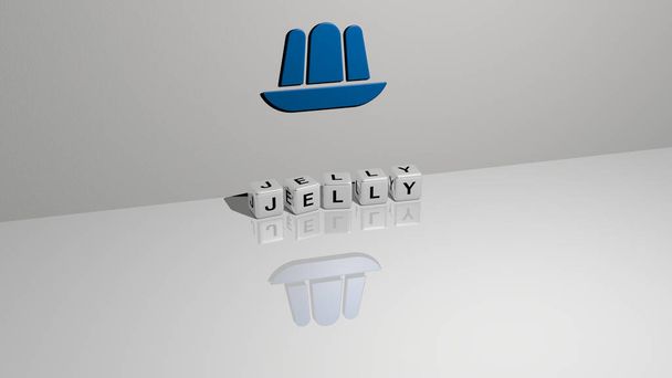 Representación 3D de gelatina con icono en la pared y texto arreglado por letras cúbicas metálicas en un piso de espejo para el significado del concepto y presentación de diapositivas. fondo y colorido
 - Foto, Imagen