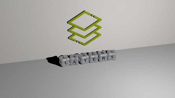 3D illustration of layers graphics and text made by metallic dice letters for the related meanings of the concept and presentations. background and abstract - Photo, Image