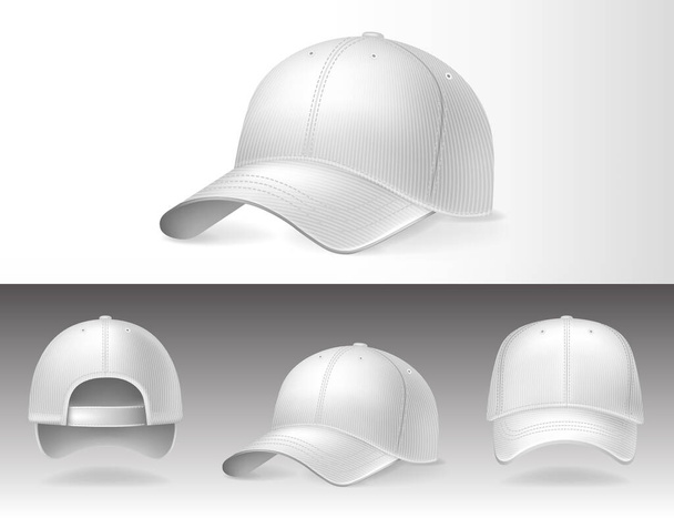 Бейсбольные кепки с разных сторон на белом фоне. Спортивный головной убор с макетом для дизайна, реалистичная коллекция векторных иллюстраций
 - Вектор,изображение