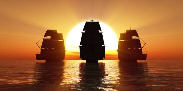 Eski üç gemi gün batımında denizde, 3 boyutlu resimleme - Fotoğraf, Görsel