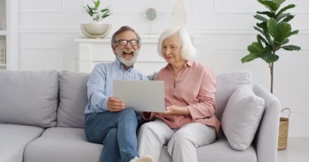 Biały starszy siwowłosy emeryt małżeństwo siedzi na kanapie i ogląda wideo na laptopie. W domu. Starzy emeryci, mężczyzna i kobieta uśmiechnięci i odpoczywający na kanapie. - Materiał filmowy, wideo