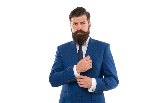 Handsome hipster expensive clothes white background. Menswear concept. Fashion boutique. Elevate your daytime look with suit. Successful man in suit. Business man wear suit. Serious bearded man - Foto, Bild