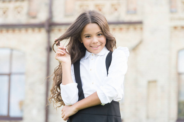 kid fashion and shopping. happy childrens day. its spring time. elegant look of schoolgirl. retro kid wear uniform. pupil in vintage outfit. back to school. happy beauty outdoor. Loved for style - Zdjęcie, obraz