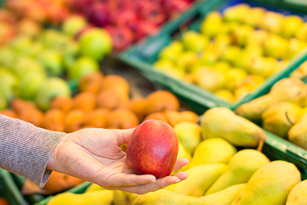 Female hand choosing plum in supermarket. Concept of healthy food, bio, vegetarian, diet. - Fotoğraf, Görsel