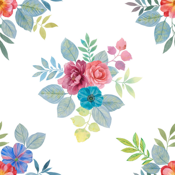 Botanical seamless pattern on a white background. Watercolor drawing of flowers. colorful bouquets of flowers on white. For design, wallpaper, textile, print. - Foto, Imagen