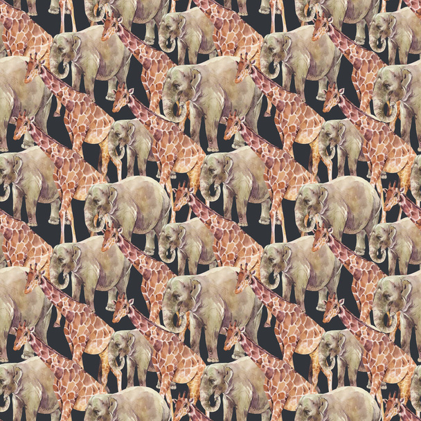 Ελέφαντας, καμηλοπάρδαλη ακουαρέλα αδιάλειπτη μοτίβο σε μαύρο φόντο. Ζούγκλα, ζώα σαφάρι. - Φωτογραφία, εικόνα