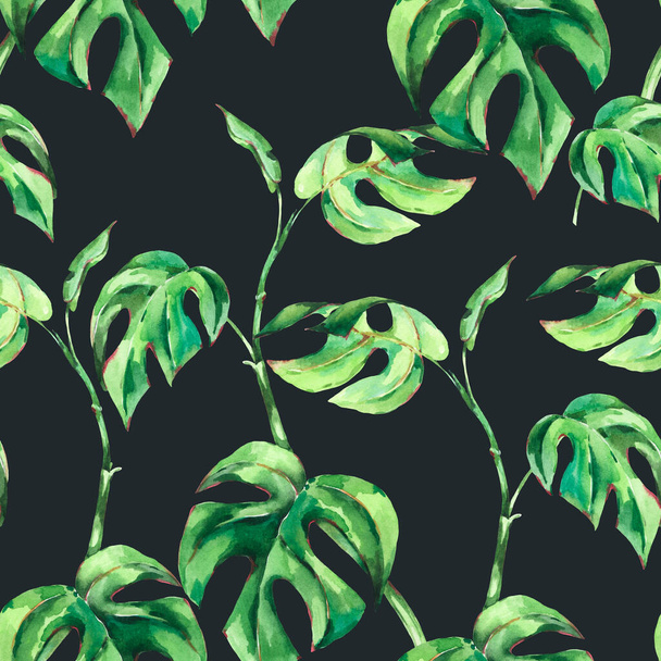 Aquarell tropische grüne Blätter. Sommer Vintage Grußkarte, botanische Illustration isoliert auf schwarzem Hintergrund. - Foto, Bild