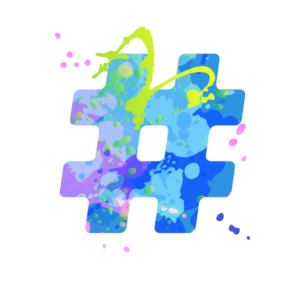 Special symbol hashtag sign with effect of liquid spots of paint in blue, green, pink colors - Vector, Image