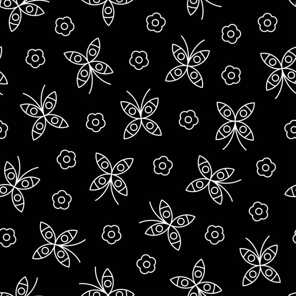Shape butterfly and flower white line pattern on black background. Great for wallpaper, web background, wrapping paper, fabric, packaging, greeting cards, invitations and more. - ベクター画像