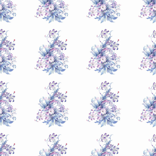 Aquarell florales Vintage nahtloses Muster auf weißem Hintergrund. Handgemaltes Aquarell mit floralem Muster. Blumenstrauß Aquarell handgemalte Illustration. - Foto, Bild
