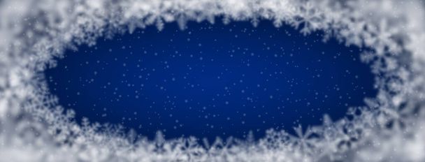 Świąteczne tło płatków śniegu o różnym kształcie, rozmyte i przezroczyste, ułożone w elipsę, na niebieskim tle - Wektor, obraz