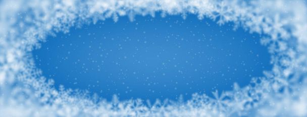 Kerst achtergrond van sneeuwvlokken van verschillende vorm, vervaging en transparantie, gerangschikt in een ellips, op lichtblauwe achtergrond - Vector, afbeelding