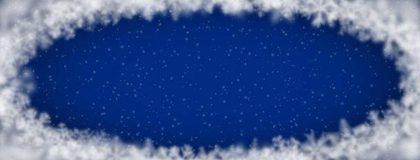 Fondo navideño de copos de nieve de diferente forma, desenfoque y transparencia, dispuestos en elipse, sobre fondo azul
 - Vector, Imagen