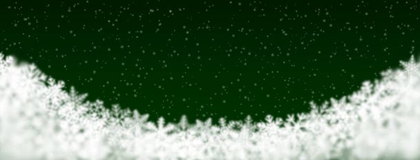 Christmas background of snowflakes of different shape, blur and transparency, located bottom, on green background - Vector, Image