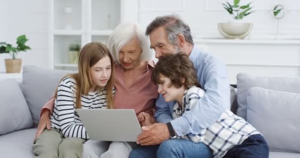 Valkoihoinen vanhempi isovanhemmat lastenlasten istuu sohvalla kotona ja käyttää kannettavaa tietokonetta. Isoäiti, isoisä, pojanpoika ja lapsenlapsi viettävät aikaa internetissä. Sisätilat. - Materiaali, video
