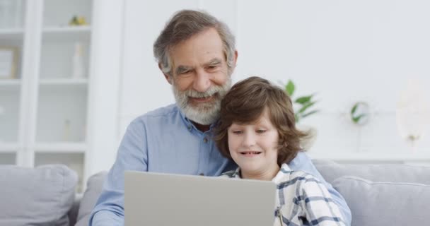 リビングルームでソファに座ってノートパソコンを使って可愛い孫に教える白人の祖父。小さな男の子がコンピュータを入力してゲームをプレイする。室内だ。おじいちゃんと子供の日を過ごす、笑って. - 映像、動画