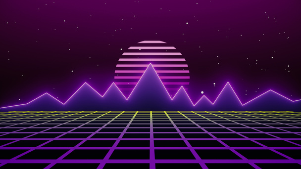 Stile cyberpunk retrò anni '80 Fantascienza Sfondo Futuristico con panorama a griglia laser. Stile digitale della superficie cibernetica degli anni 1980. Illustrazione 3D - Foto, immagini