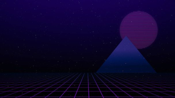 Retro cyberpunk estilo 80s Sci-Fi fundo Futurista com paisagem grade laser. Estilo de superfície cibernética digital da década de 1980. Ilustração 3D - Foto, Imagem
