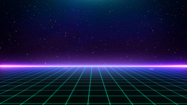 Estilo retro cyberpunk 80s Sci-Fi Fondo Futurista con paisaje de rejilla láser. Estilo de superficie cibernética digital de la década de 1980. Ilustración 3D - Foto, imagen
