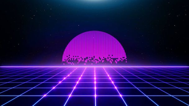 Estilo retro cyberpunk 80s Sci-Fi Fondo Futurista con paisaje de rejilla láser. Estilo de superficie cibernética digital de la década de 1980. Ilustración 3D - Foto, imagen