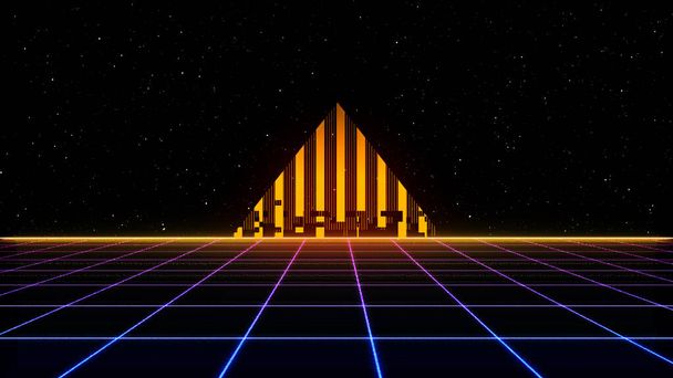 Ретро-киберпанк в стиле 80-х Sci-Fi Фоновый футуристический с более элегантным сетчатым пейзажем. Digital cyber surface style of the 1980 's. 3D иллюстрация - Фото, изображение