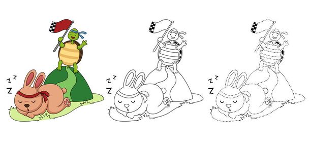 Ilustración de juego educativo para niños y libro para colorear vector-tortuga y conejo corriendo una carrera
 - Vector, imagen