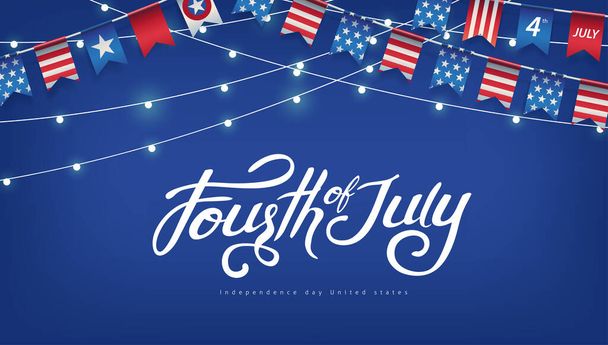 Függetlenség napja USA banner sablon amerikai zászlók Garland és izzó fények dekoráció.Július 4 ünneplés plakát sablon.negyedik július vektor illusztráció . - Vektor, kép