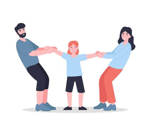 Mother and father share child. Parents  divided kid. Family conflict. Quarrel between husband and wife. Flat vector cartoon modern illustration. - Vector, Image