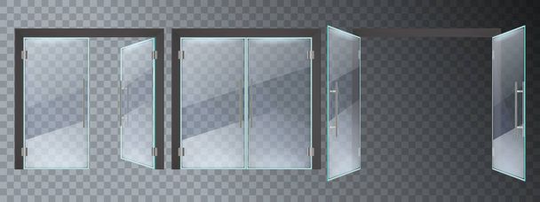 現実的なガラスのドア。近代的なガラスのドア、オフィスやショップモールスチールフレームを閉じるとオープンドアベクトルのイラストセットを入力 - ベクター画像