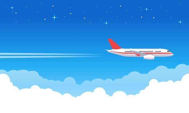 Небо. Самолет, летящий в голубом небе, реактивный самолет в облаках, отдых на авиалайнере или векторная иллюстрация транспортной поездки
 - Вектор,изображение